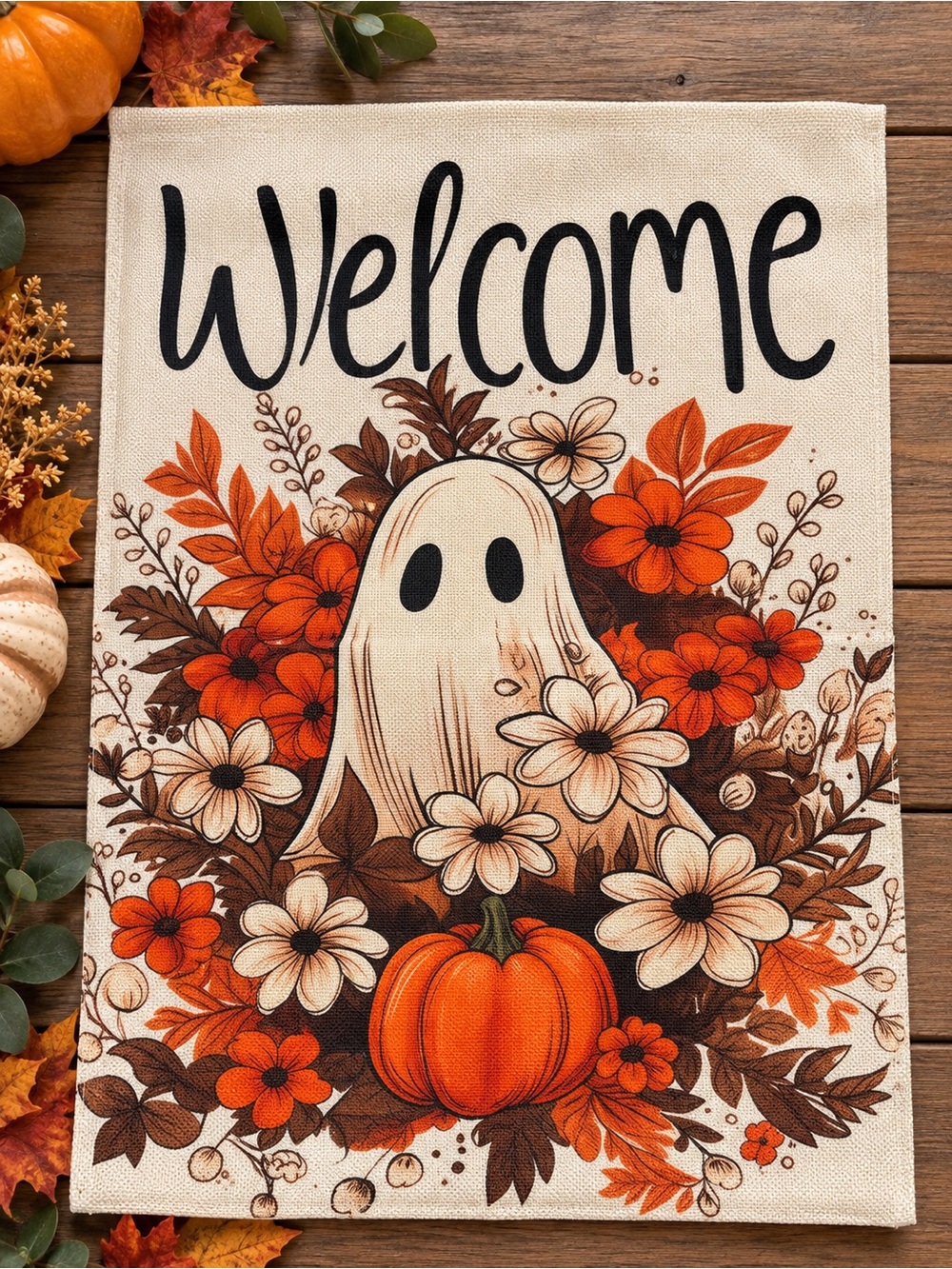 Amazon Neutral and Orange Halloween Welcome Garden Flag with Ghost and Pumpkins